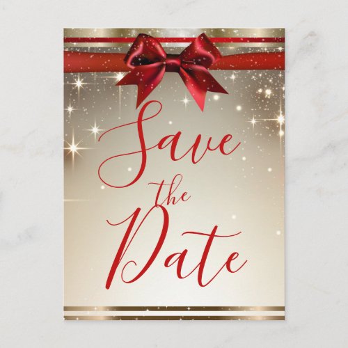 Gold Sparkle Red Bow Elegant Holiday Save the Date Announcement Postcard