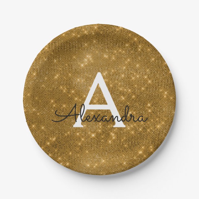 Gold Sparkle & Shimmer Monogram Birthday Paper Plates (Front)