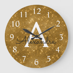Gold Sparkle Shimmer Monogram Name & Initial Large Clock