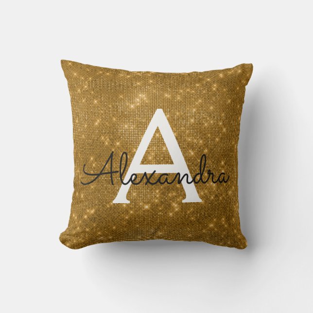 Gold Sparkle Shimmer Monogram Name & Initial Throw Pillow (Front)