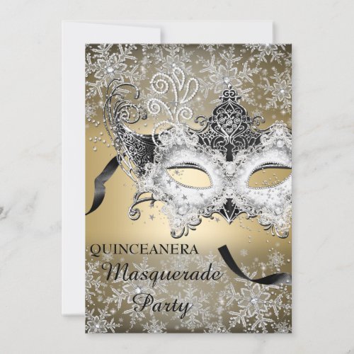 Gold Sparkle Snowflake Masquerade Quinceanera Invitation