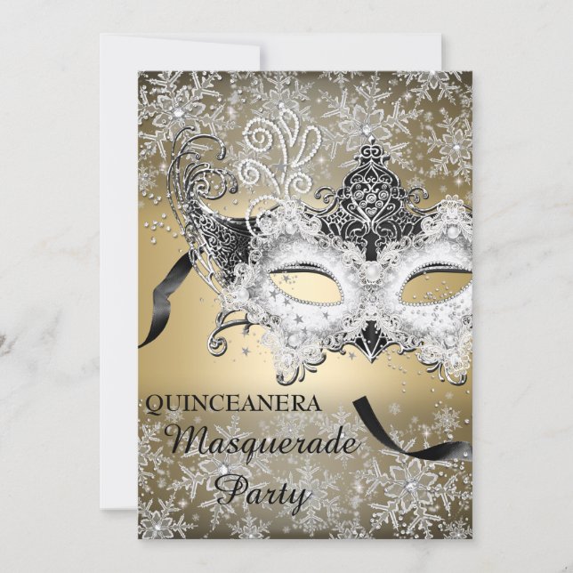 Gold Sparkle Snowflake Masquerade Quinceanera Invitation (Front)