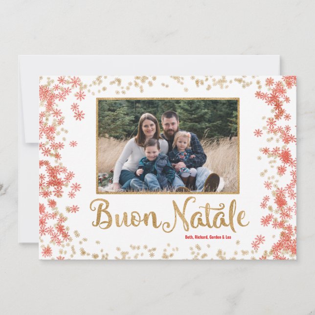 Gold Sparkle Snowflakes Buon Natale Photo Card (Front)