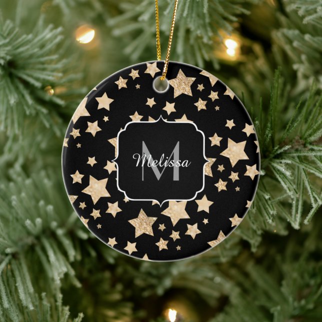 Gold sparkle Star Christmas Holiday Monogram black Ceramic Ornament (Tree)