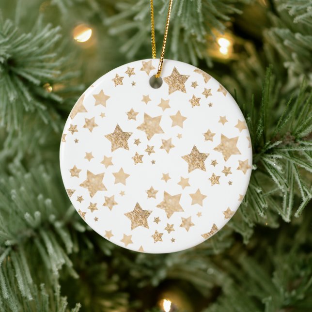 Gold sparkle Star Christmas Holiday white Ceramic Ornament (Tree)