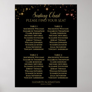 Gold Sparkle Stars 4 Table Wedding Seating Chart