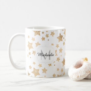Gold sparkle Stars Christmas Monogram white Coffee Mug