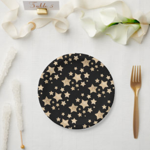 Gold sparkle Stars Merry Christmas Holiday black Paper Plates
