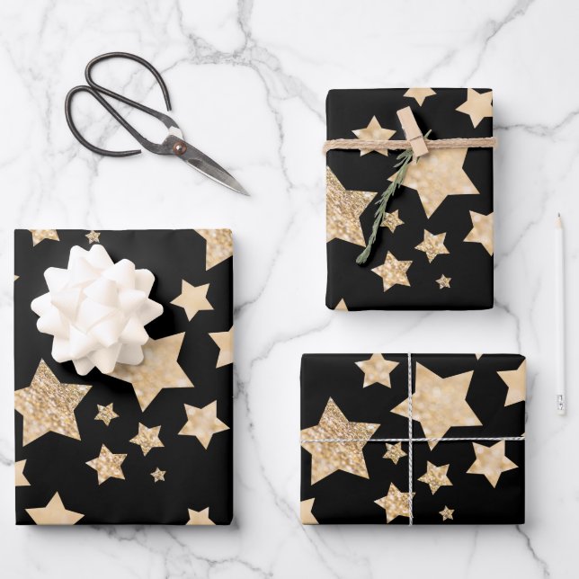 Gold sparkle Stars Merry Christmas Holiday black Wrapping Paper Sheets (Front)