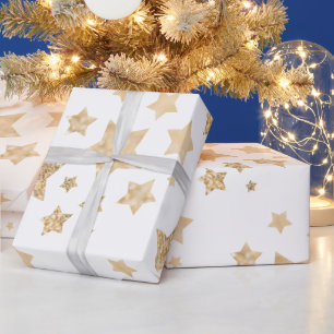 Gold sparkle Stars Merry Christmas Holiday white Wrapping Paper