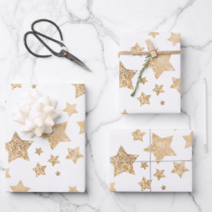 Gold sparkle Stars Merry Christmas Holiday white Wrapping Paper Sheets