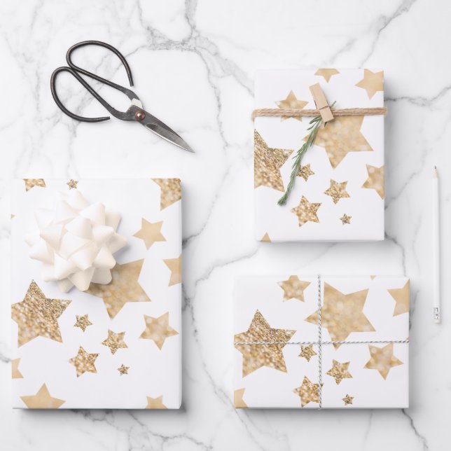Gold sparkle Stars Merry Christmas Holiday white Wrapping Paper Sheets (Front)