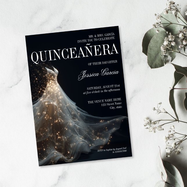 Gold Sparkle Sweet 16 Dress Quinceanera Invitation (elegant white 16th birthday dress with gold sparkles)