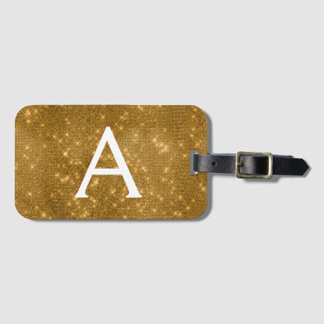 Gold Sparkle Twinkle Shimmer Monogram Name Luggage Tag (Front Horizontal)