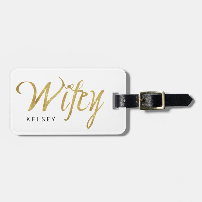 Gold Sparkle Wifey with Name Luggage Tag (Front Horizontal)