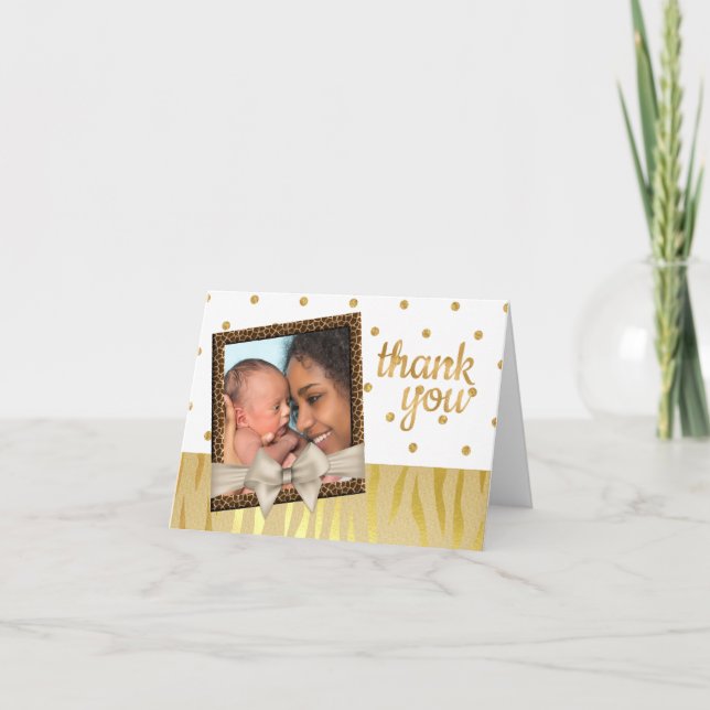 Gold Sparkle Zebra Print Baby Shower Thank You Card (Front)