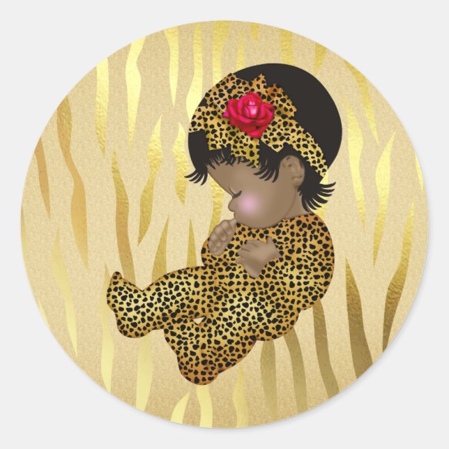 Gold Sparkle Zebra Print with Sleeping Baby Classic Round Sticker (Front)