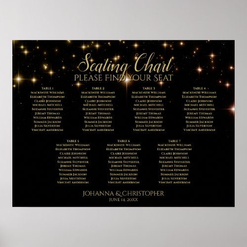 Gold Sparkles 7 Table Black Wedding Seating Chart