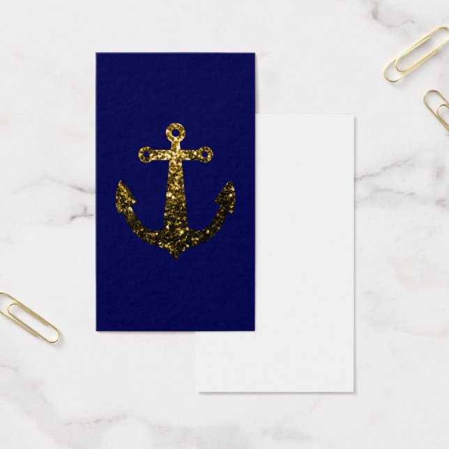 Gold sparkles Anchor navy blue business card (Office)