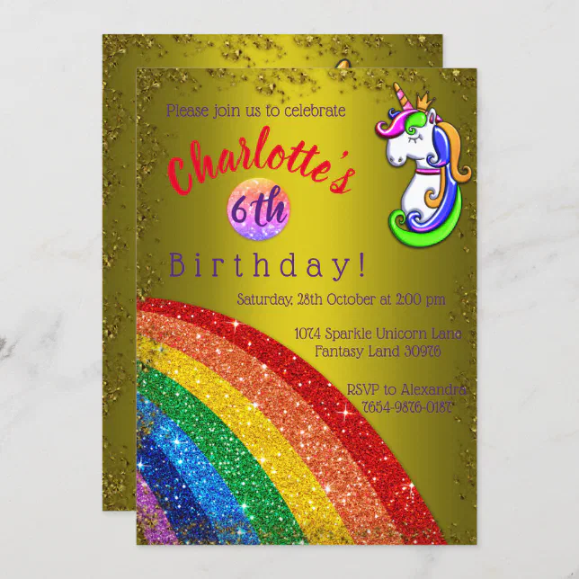 Gold Sparkles and Glitter Rainbow Unicorn Birthday Invitation Zazzle