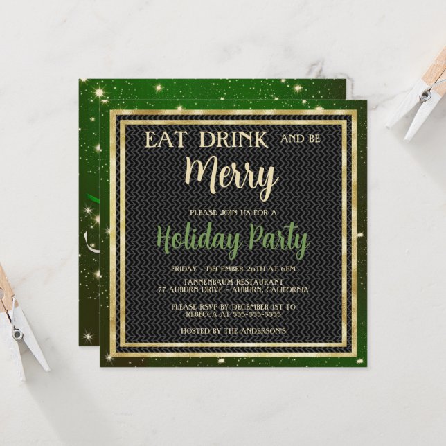 Gold Sparkles and Green Holiday Party Invitation (Front/Back In Situ)