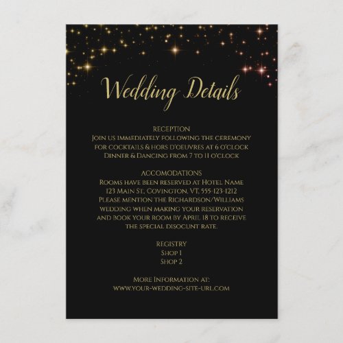 Gold Sparkles and Stars on Black Wedding Details Enclosure Card
