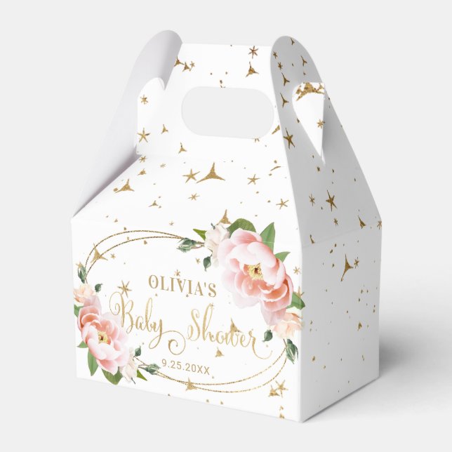 Gold Sparkles Blush Pink Floral Baby Girl Shower Favor Boxes (Front Side)