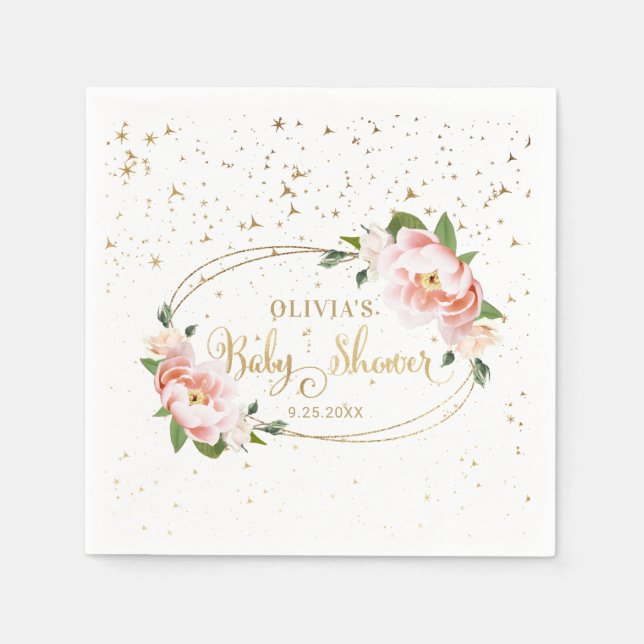 Gold Sparkles Blush Pink Floral Baby Girl Shower Napkins (Front)