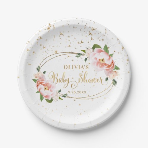 Gold Sparkles Blush Pink Floral Baby Girl Shower Paper Plates