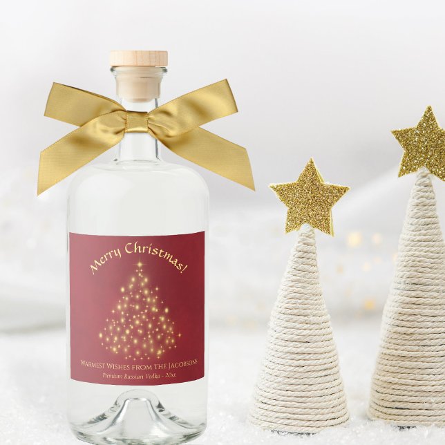 Gold Sparkles Christmas Tree on Red Fun Holiday  Liquor Bottle Label (In Situ with Bow & Decor)