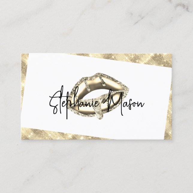 Gold Sparkles Glitter Drips Lips Makeup Artist Business Card (Front)