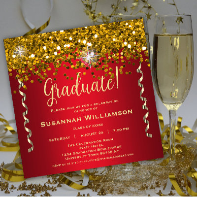 Gold Sparkles Glitter Red Graduation Party