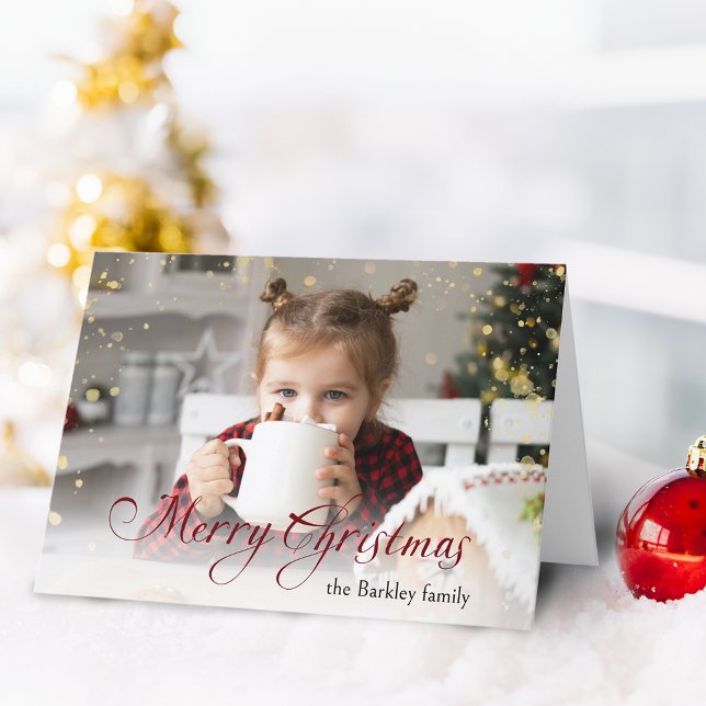 Gold Sparkles Merry Christmas Calligraphy Photo Holiday Card (Creator Uploaded)