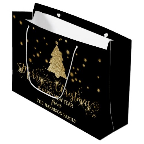 Gold Sparkles Merry Christmas Tree Black Large Gift Bag