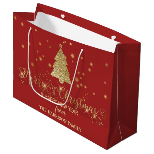 Gold Sparkles Merry Christmas Tree Red Large Gift Bag
