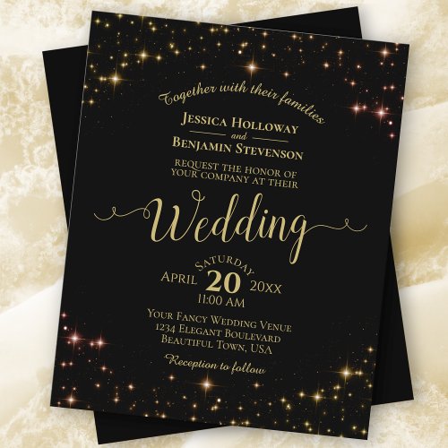 Gold Sparkles on Black BUDGET Wedding Invitation