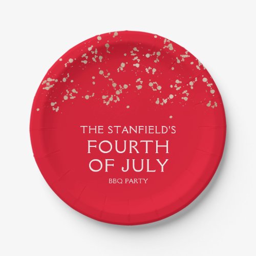 Gold Sparkles on Red White Fourth of July Summer Paper Plates