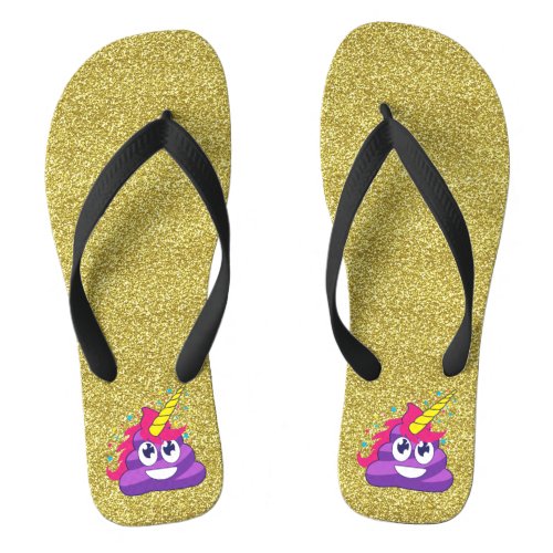 Gold Sparkles Purple Unicorn Emoji Poop Flip Flops