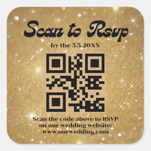 gold sparkles retro script rsvp qr code wedding   square sticker