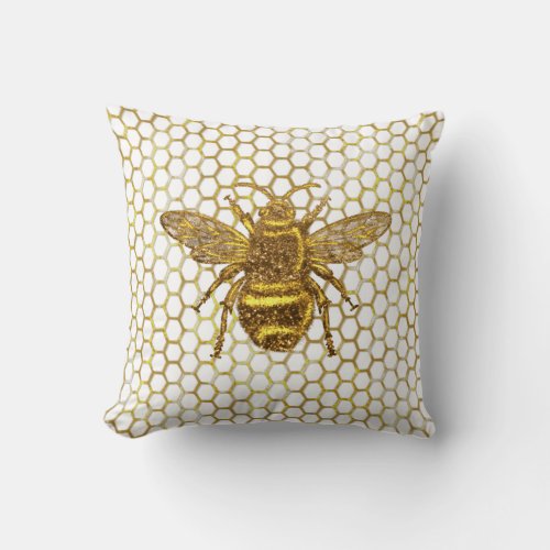 Gold Sparkling Bee Gold Hexagon Beehive Throw Pillow