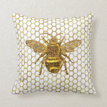 Gold Sparkling Bee Gold Hexagon Beehive Throw Pillow