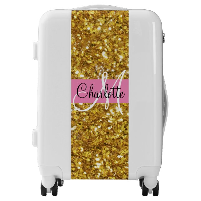 Gold sparkling glitter monogrammed       luggage (Front)