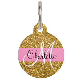 Gold sparkling glitter monogrammed pet ID tag