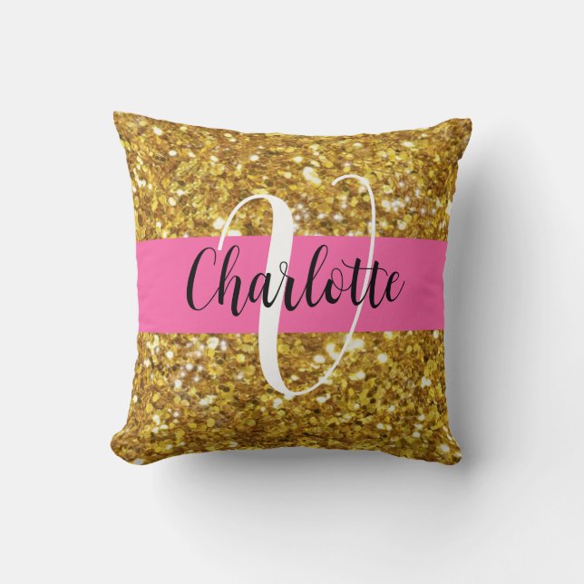 Gold sparkling glitter monogrammed      throw pillow (Front)