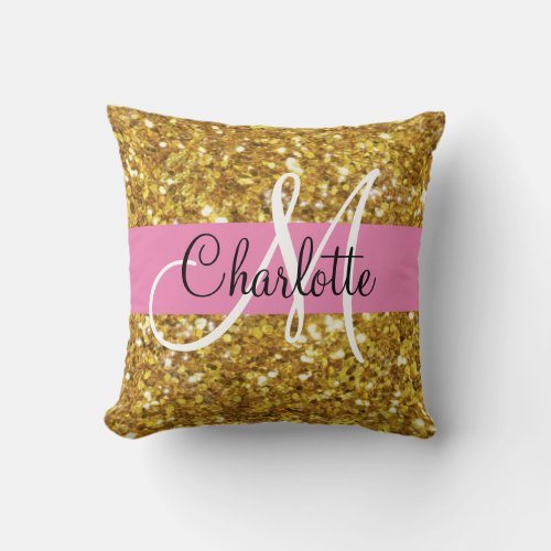 Gold sparkling glitter monogrammed      throw pillow