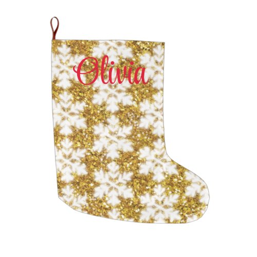 Gold sparkling glitter snowflakes          large christmas stocking