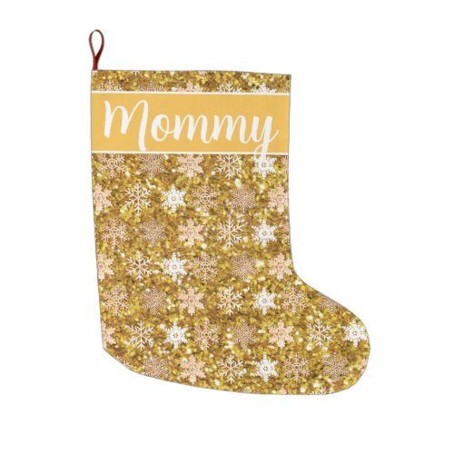 Gold sparkling glitter snowflakes            large christmas stocking