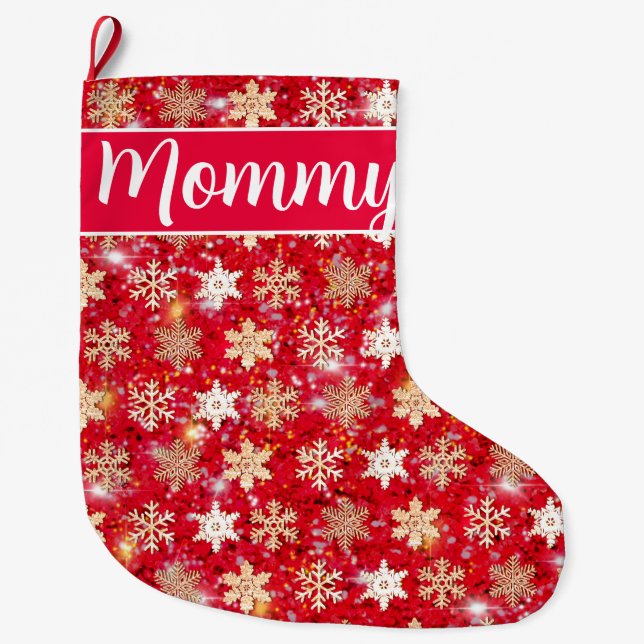 Gold sparkling glitter snowflakes            large christmas stocking (Front)