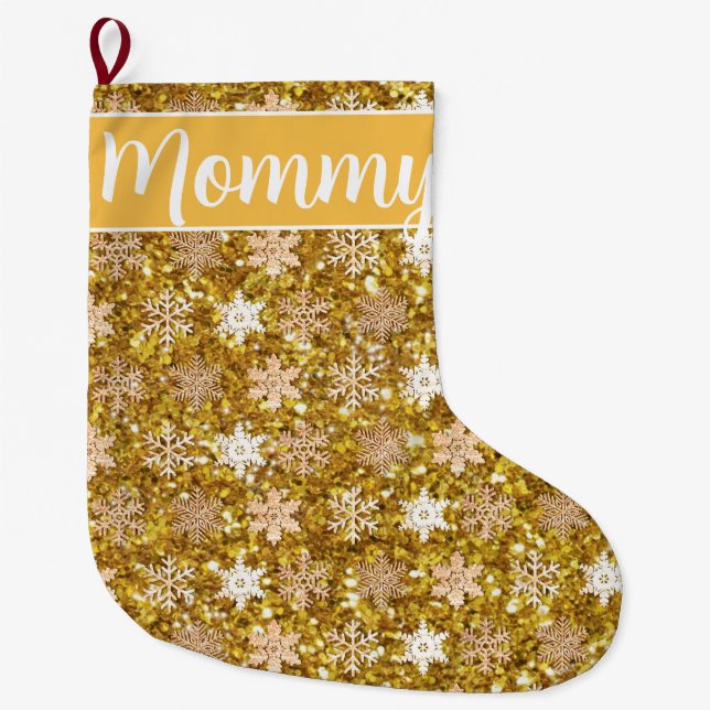 Gold sparkling glitter snowflakes            large christmas stocking (Front)