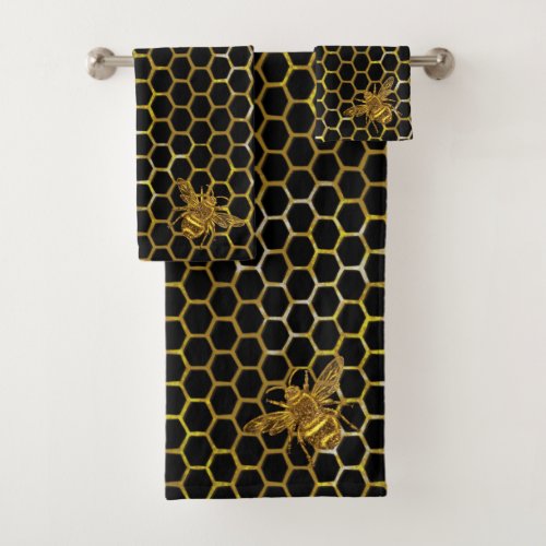 Gold Sparkling Queen Bee Gold Hexagon Beehive Bath Towel Set